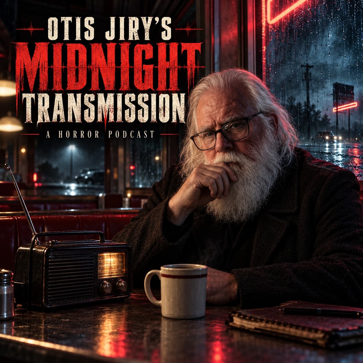 Midnight Transmission artwork: Otis Jiry beside a radio in a neon-lit diner on a rainy night
